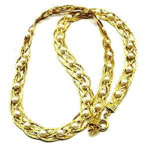 Avon Signed Braided Chain Necklace Faux Pearl Accents Gold Tone Classic Career